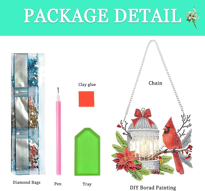 Auremi Christmas Diamond Art Pendant Kits,5D Cardinal Diamond Art Diamond Painting Hanging Kits,DIY Special Shaped Diamonds Painting Suncatcher Pendant Kit for Adults for Gift Wall Home Decor