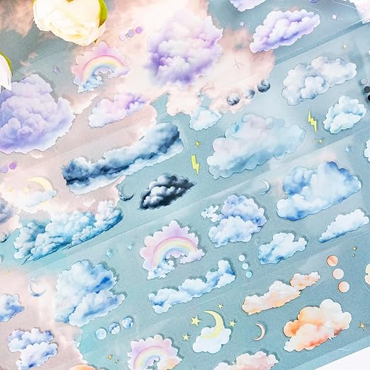 Cloud PET Tape Set, 6 Rolls Pre-Cut Sky Ephemera for Junk Journaling, Scrapbooking, Crafting, DIY Projects, Diaries, and Art Supplies