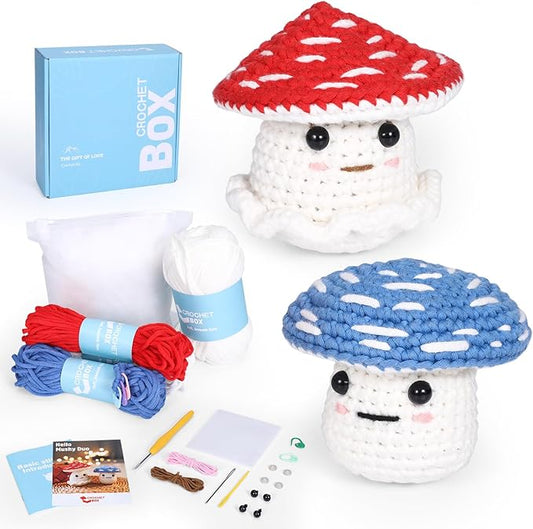 Crochet Kit for Beginners: 2 PCS Red & Blue Mushroom Starter Crochet Kits with Step-by-Step Video Tutorials and Yarns, Hook, Accessories, DIY Craft Gift for Adults and Teen(30%+ Yarn)