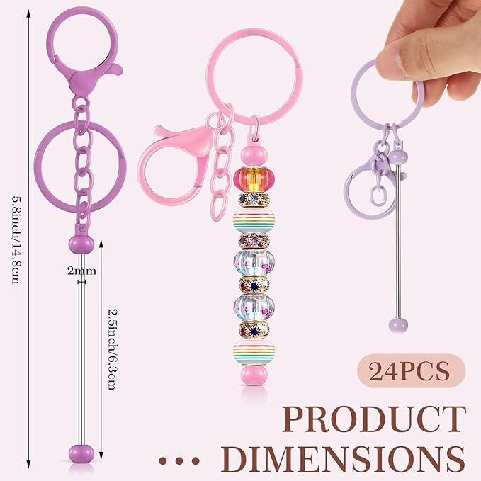 Tondiamo 24 Pcs Beadable Keychain Bars Bulk Beads for Keychain Making Kit Gifts for Women Men DIY Crafts(Candy Color)