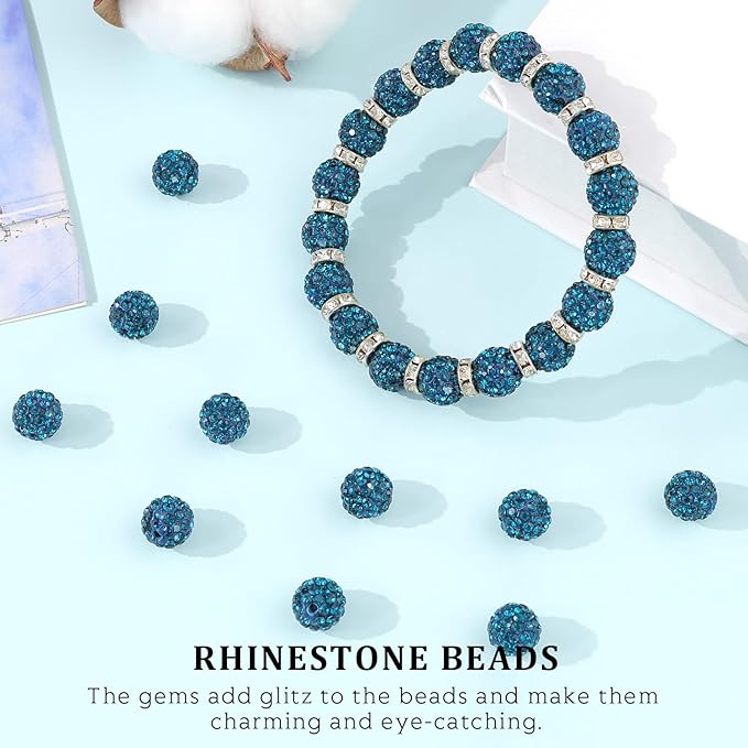 120pcs 10mm rhinestone beads for jewelry making, blue zircon shiny round shamballa disco ball beads, sparkle crystal clay christmas for bracelet baseball necklace earring crafting and diy