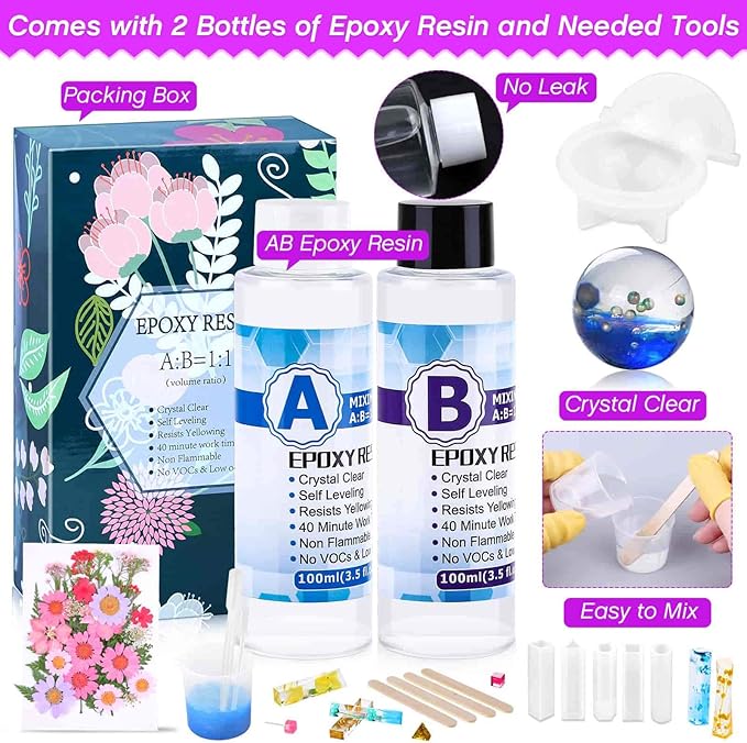 219Pcs Resin Kit for Beginners, Thrilez Resin Mold Kit with Resin Molds Silicone and Epoxy Resin Supplies Include Dried Flowers, Foil Flakes, Necklace Cord, Earring Hooks for DIY Jewelry Making