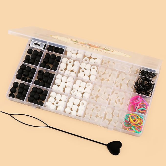 AD Beads 216PCS 6x9mm DIY Soft Pony Silicone Beads for Hair, Black + White Series with 80 Elastic Bands, Tool and Storage Box Kit for Braids, Bracelet, Crafts.