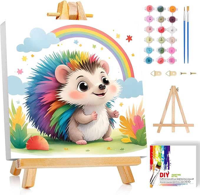 Gemozaic Hedgehog Paint by Numbers Kit for Kids with Frame and Easel, Paint by Numbers for Kids Ages 8-12, DIY Acrylic Oil Painting for Home Wall Decor, 8x8 Inch