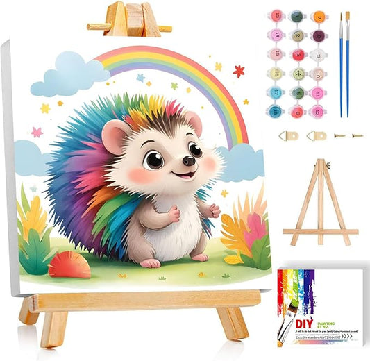 Gemozaic Hedgehog Paint by Numbers Kit for Kids with Frame and Easel, Paint by Numbers for Kids Ages 8-12, DIY Acrylic Oil Painting for Home Wall Decor, 8x8 Inch