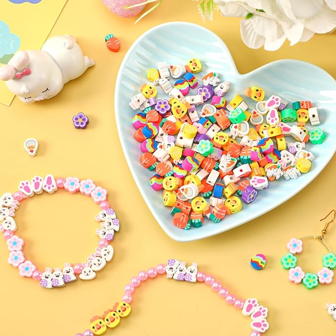 Augshy 300pcs Easter Polymer Clay Beads: Bunny, Chick, Egg, Carrot, Flower Shapes - Round, Assorted Easter Colors for Bracelet, Necklace, Jewelry Making