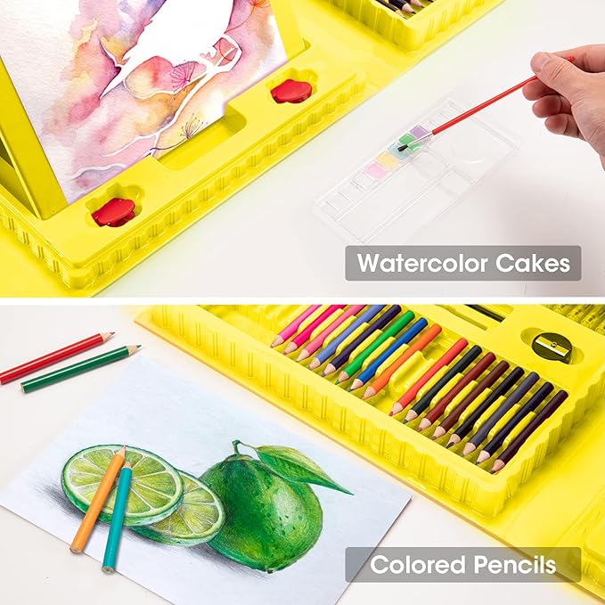 VigorFun Art Supplies, 240-Piece Drawing Art Kit, Gifts for Adult, Art Set Crafts Case with Double Sided Trifold Easel, Includes Sketch Pads, Oil Pastels, Crayons, Colored Pencils (Yellow)