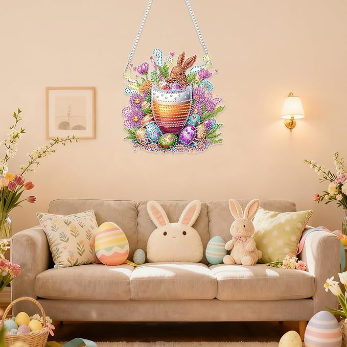 RICUVED Easter Diamond Art Hanging Kit for Adult, Drink Special Shaped Diamond Painting Pendant Kit, Eggs Art Suncatchers Double Sided Hanging Acrylic Window Ornament for Home Garden Decor