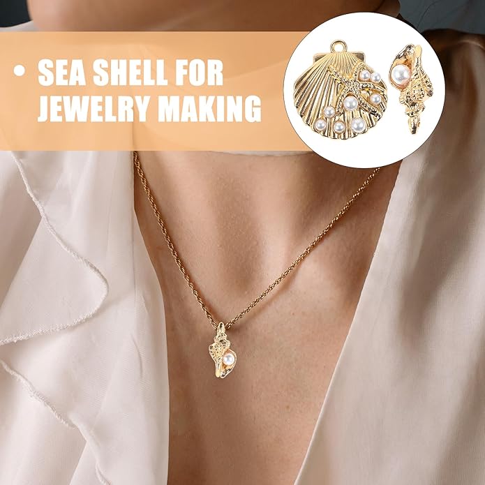 TEHAUX 20Pcs Gold Shell Charms for Jewelry Making, Enamel Alloy Conch Shell and Seashell Charms with Faux Pearl, Ocean Beads Pendants for DIY Necklaces Bracelets (Light Gold)