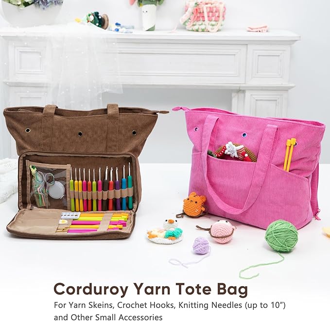 Large Yarn Tote Organizer – Corduroy Knitting Storage Holder for Yarn, Hooks & Accessories, Portable Craft Carryall for Crocheting Lovers, Mother’s Day Gift