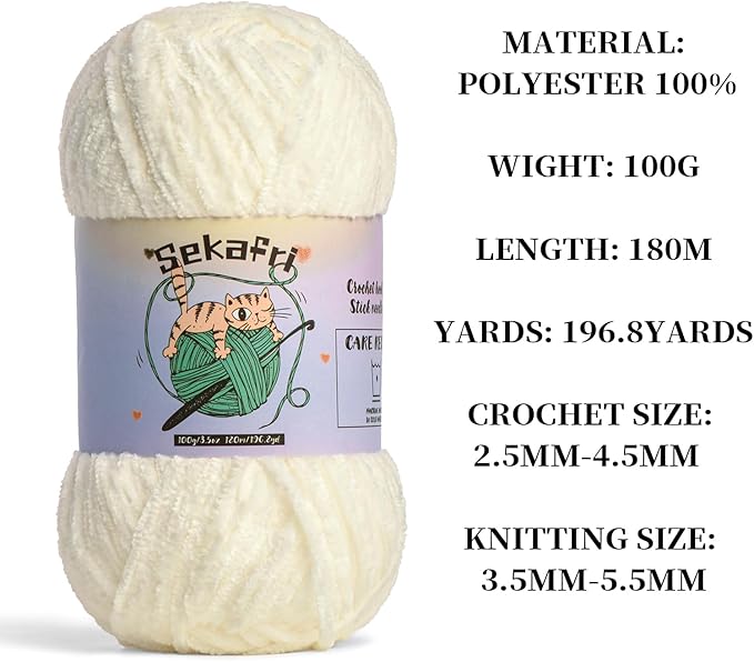 Fuzzy Chenille Yarn for Crocheting,Fluffy Amigurumi Crochet Yarn for DIY Craft/Hat/Shoes,(100 g/197 yds) Soft Velvet Baby Blanket Yarns（White）