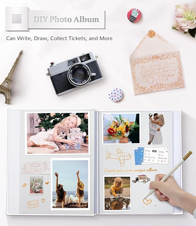 Photo Album Self Adhesive Scrapbook Album for 3x5 4x6 5x7 8x10 Pictures,120 Pages Linen Cover with Display Window DIY Photo Book,Ideal Gifts for Family Travel Wedding Baby