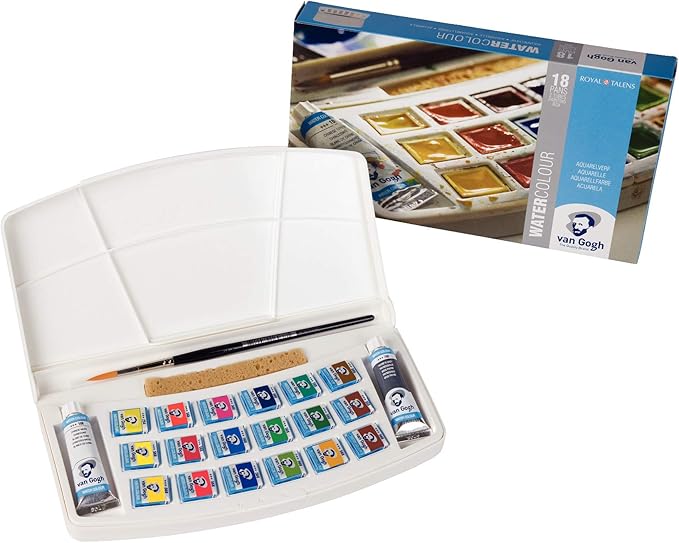 Van Gogh Watercolor Paint Set, Plastic Pocketbox, 18-Half Pan + 2x10ml