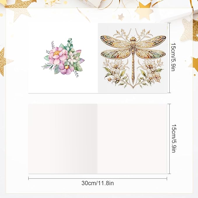 6pcs 5D DIY Diamond Painting Kit Greeting Card,Diamond Handmade Greeting Card with Envelope, Holiday Gift Congratulations Colourful Dragonfly