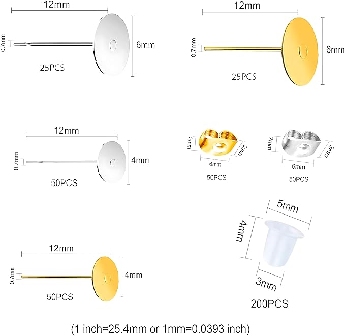 450pcs earring posts and backs,stainless steel earring studs for jewelry making,hypoallergenic with butterfly and rubber earring backs for jewelry diy making findings
