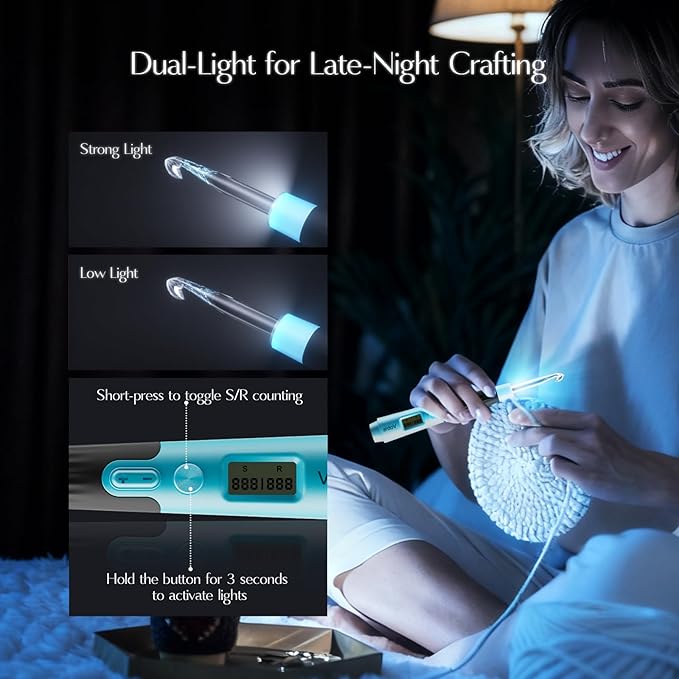 Votris 18 in 1 Counting Crochet Hooks, Light up Crochet Hook Set with Digital Stitch Counter 2.0mm-14.0mm, Rechargeable & Interchangeable Heads Lighted Crochet Hook Set, Ergonomic Handles for Beginner