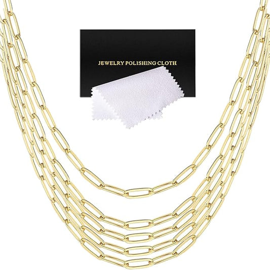 5 Pcs Paperclip Chain Necklace for Women 18 Inch Stainless Steel Gold Charm Necklace Chains Adjustable Link Chains with Lobster Clasps Polishing Cloth for DIY Women Jewelry Making Gifts Supplies