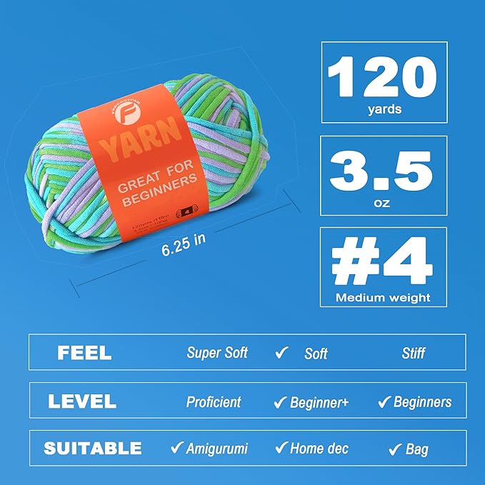 3.5Oz/120yds Beginner Easy Yarn for Crocheting and Knitting;Worsted-Weight Medium #4;Cotton Blend Yarn for Beginners Amigurumi DIY (Ocean, 1 Skein)