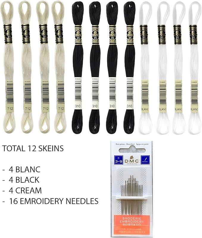 DMC Embroidery Floss Mouline Special Black (310), Cream(712), White(Blanc) -3 Colors Thread Bundle with DMC Embroidery Hand Needles 3-9, INCELER Supplies