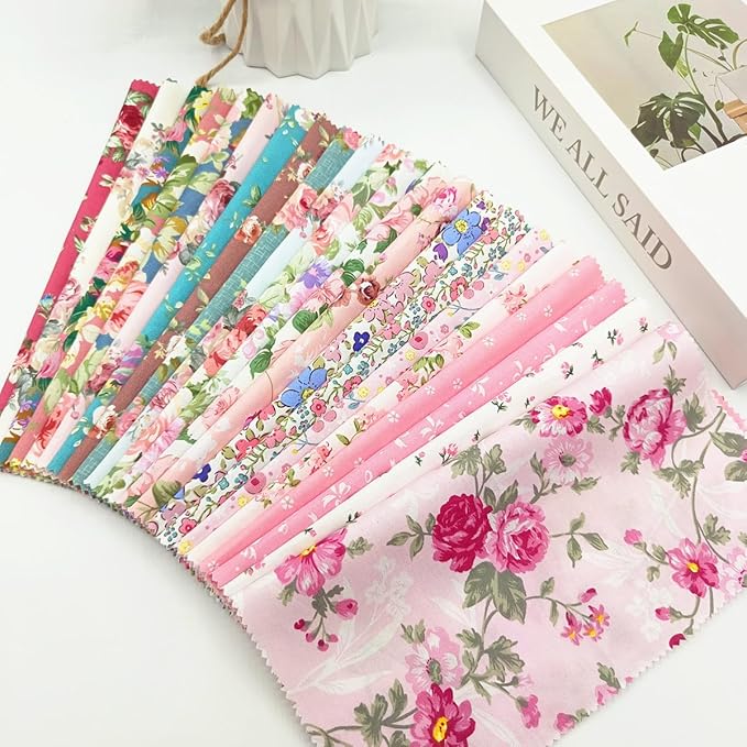 22Pcs 10" Pink Floral Fabric Squares No Repeat Charm Pack, Precut Quilting Cotton with Wavy Edges,10 Inch Squares for Quilting