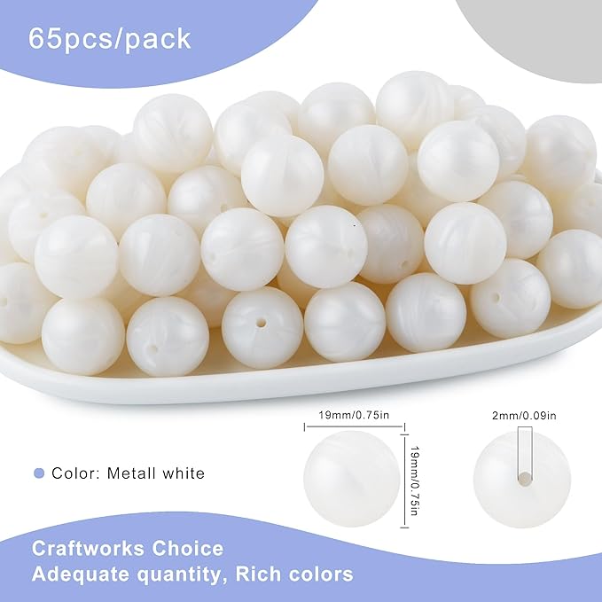 65Pcs 19mm Silicone Beads for Keychain Making Bracelet Necklace, Bulk Round Silicone Beads for Pens（Metall White）