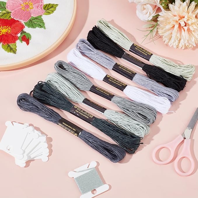 24 Skeins 6 Strands Variegated Grey Cross Stitch Threads Embroidery Floss Gradient Friendship Bracelets Yarn String Bulk with Floss Bobbins for Hand Sewing Jewelry Knitting Crafts Crochet