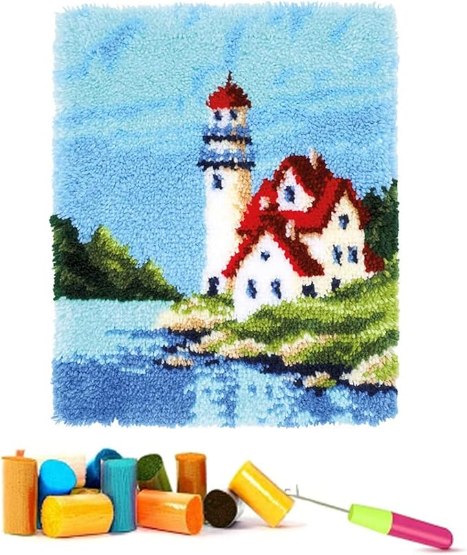 Zriechs Latch Hook Kits for Adults Kids DIY Lighthouse Crochet Yarn Kits Tapestry Kit for Home Decoration, 21''x15'' (White)
