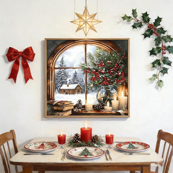 DIYDECORFUN Christmas Window Diamond Art Kits for Adults, Winter 5D Xmas Diamond Painting Kit for Beginner, DIY Full Drill Paint with Diamond Dot Gem Painting for Decor Gift14 x14 Inch