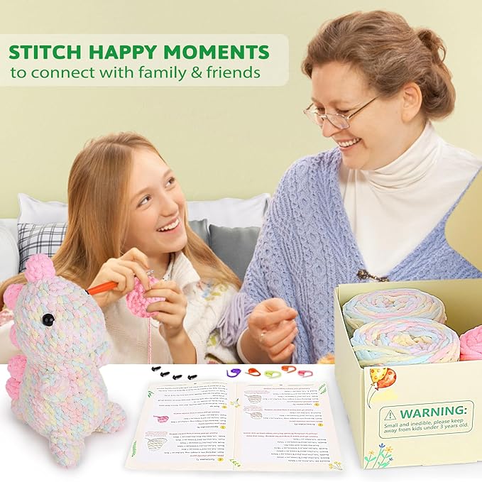 Crochetta Crochet Kit for Beginners, Amigurumi Crocheting Animals Kits w Step-by-Step Video Tutorials, Knitting Starter Pack for Adults and Kids, Jumbo Dinosaur (40%+ Yarn Content)