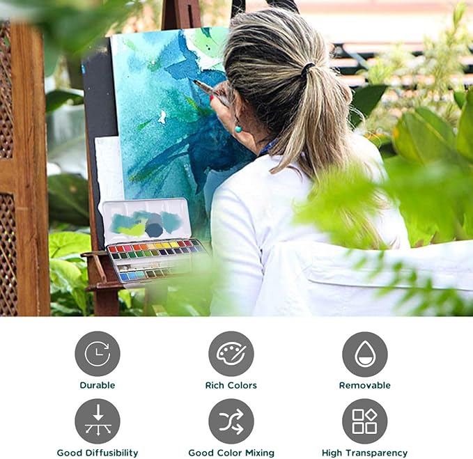 36 Colors Solid Watercolor Paint Set with Refillable Water Brush, Artist-Grade Half Pans in Tin Box - Professional Watercolor Kit for Artists, Adults, Beginners and Painting lovers