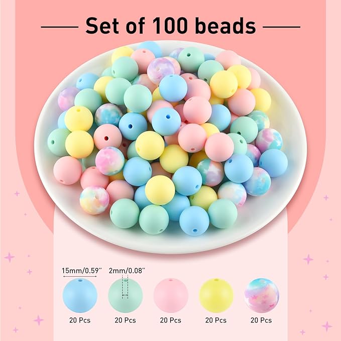 ASTARON 100 Pcs 15mm Silicone Beads for Keychain Making, Yellow Green Blue Pink Silicone Bulk Round Beads for Bracelets Pens Crafts