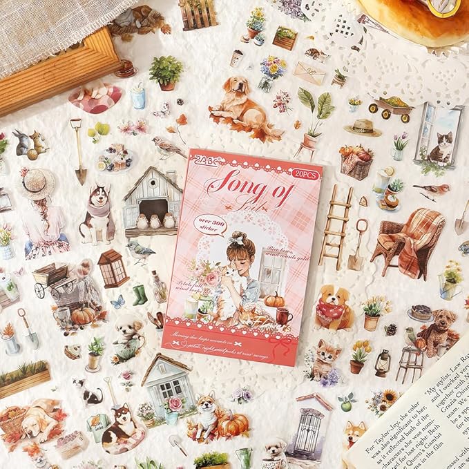 Scrapbook Sticker Book for Scrapbooking and Journaling, Country Cottage Scenery Pet Theme, 20 Sheets 3.9x5.9 inches, Precut Transparent PET Stickers for Junk Journal Supplies, Collage, Scrap Book