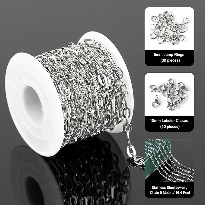UMAOKANG 5 Meters Stainless Steel Chains Bulk Paperclip Chain for Necklace Bracelet DIY Jewelry Chain with Jump Rings and Lobster Clasps