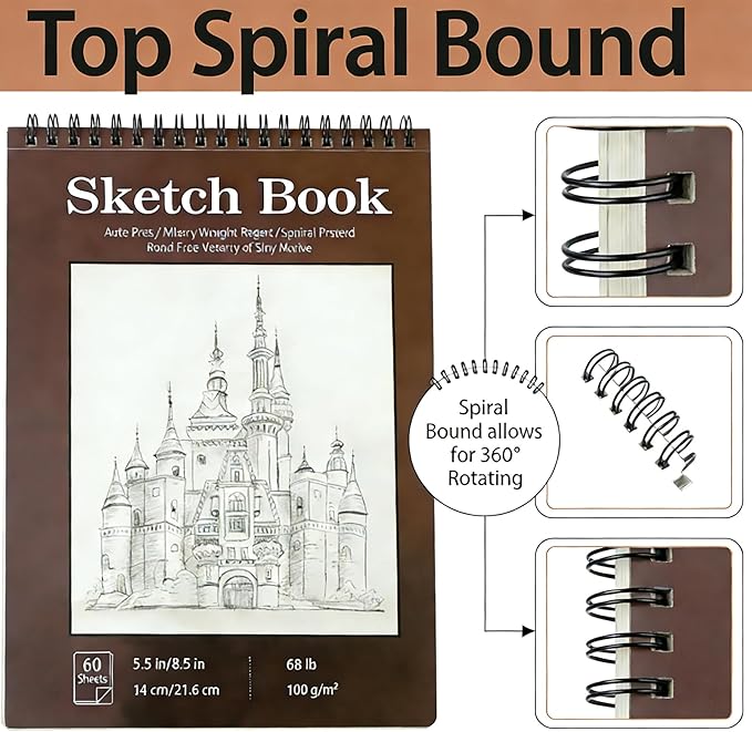 Sketch Book, Top Spiral Bound Sketch Pad, 100 Sheets 68lb/100gsm Drawing Paper, Acid Free Art Sketch Book Artistic Drawing Painting Writing Paper for Beginners Artists (1 Pack, 5.5"x8.5")