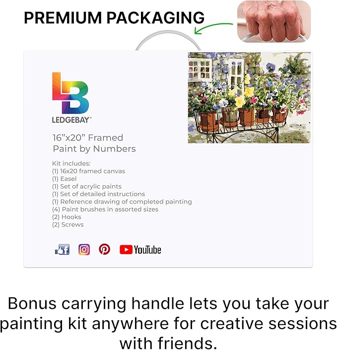 Ledgebay DIY Paint by Numbers Kit for Adults Framed Canvas Beginner to Advanced Paint by Numbers Kit, Kits Include Acrylic Paint Set, Brushes & Tabletop Easel (Ritas Pansies 16" x 20" Framed)