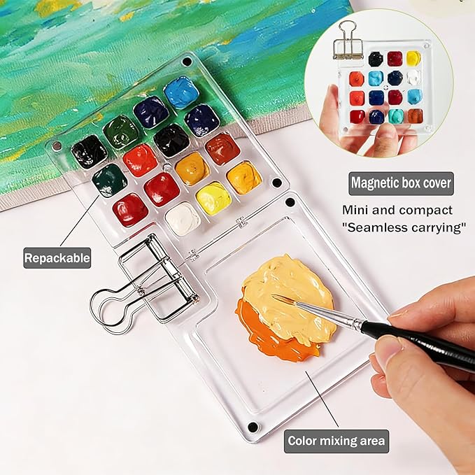 Portable Mini Watercolor Paint Set - All-in-One Travel Kit with Paints, Brushes, Palette, Bag, and Water Container - Perfect for Artists and Beginners-15 Grids
