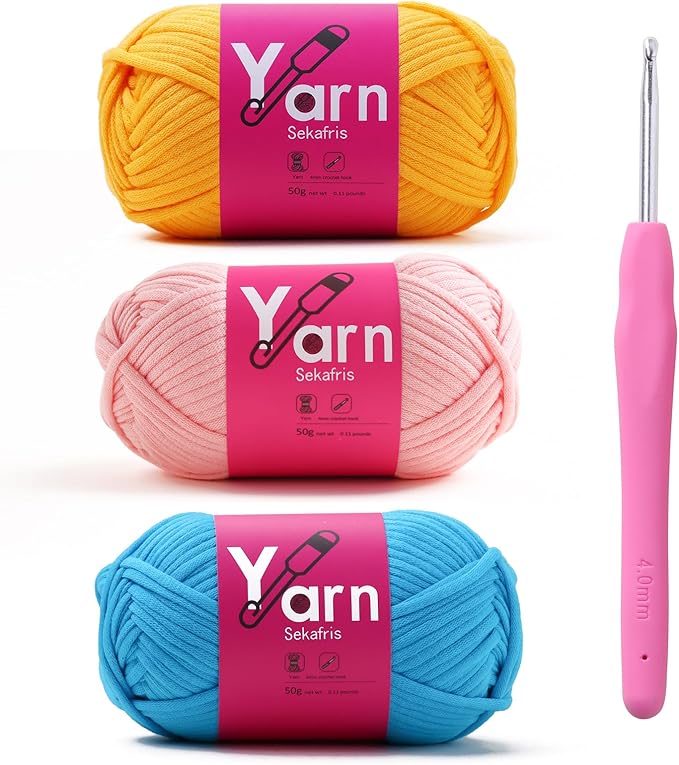 Crochet Yarn with Cotton - Chunky Yarn for Crocheting - Easy-to-See Stitches - Golden Yellow+Hot Pink+Lake Blue