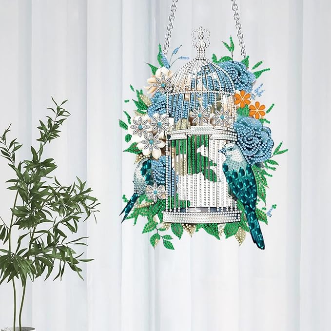 Flower Birdcage Design DIY Diamond Art Painting Wreath Kits Special Shaped Rhinestone Diamond Art Window Pendants Home Garden Wall Hanging Kits (Single Side Point Drill) (#11-Cat) (#05-Bird)