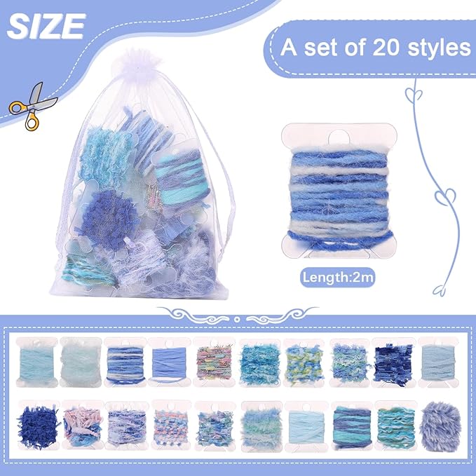 20 Pcs of 2-Yard Original Art Yarns - for DIY Art Yarns for Jewelry Making, Junk Magazines, Knitting, Crafts, Textile Decorative, Tassels, Vintage Yarn Card Making (Blue)