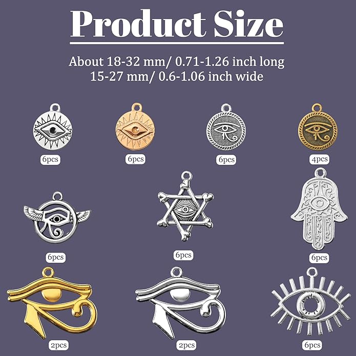 Hicarer 50 Pieces Eye of Horus Charms Pendant Tibetan Magic Metal Mixed Charm for DIY Craft Necklace Bracelet Jewelry Making Crafting Supplies