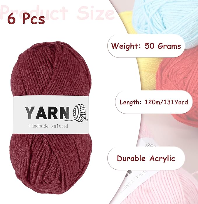 6Pcs Wine Red Acrylic Yarn 790 Yard 4 Ply Soft Crochet Yarns Sport Weight Yarn,[for DIY Crocheting Knitting Craft Blankets Hats]-300g