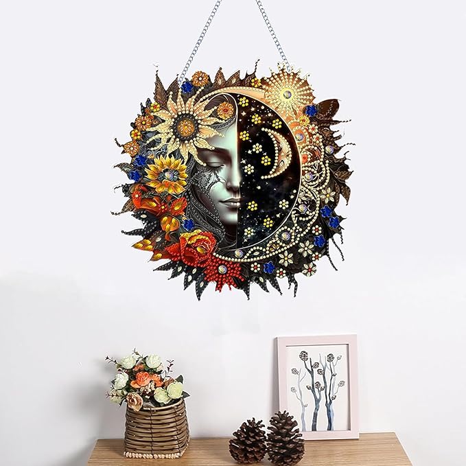 hyzsj DIY Hanging Diamond Art Pendant Painting Kit Sun Moon, Special Crystal Gem Craft Painting Kit Ornament 9.8x9.8inch