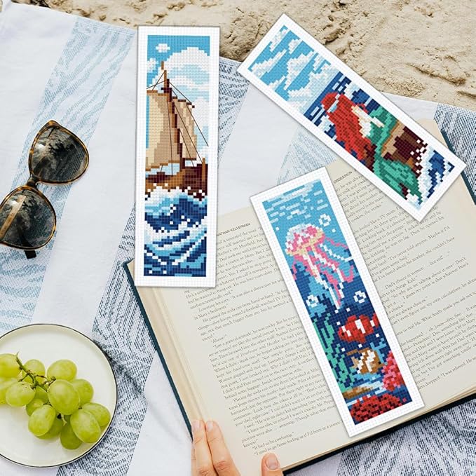 ORIGACH 6 Set Ocean Wave and Nautical Cross Stitch Bookmark Kit for Beginner with Backing Felt Floss Instructions DIY Stamped Embroidery Bookmark Kit for Adults, Book Lovers