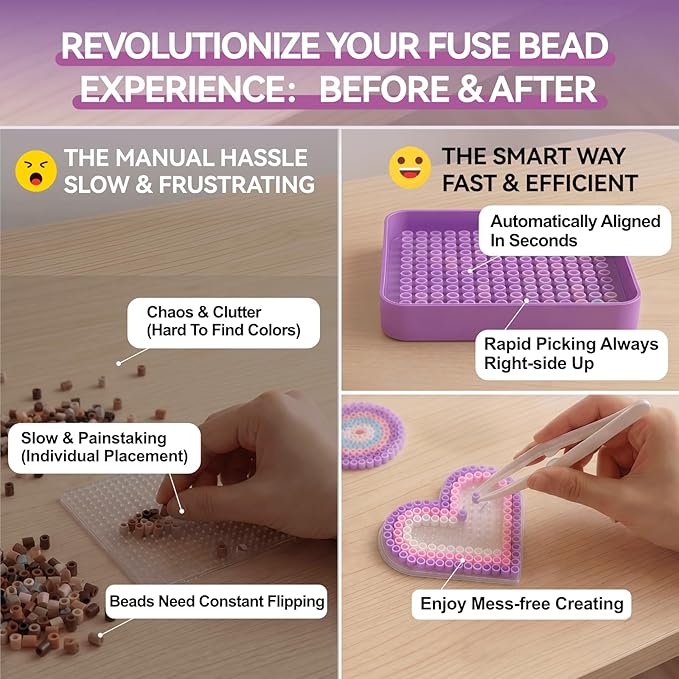 2 Pcs 5mm Fuse Beads Picking Tray Kit with Total 296 Holes, Efficient Sorting Tools with Effortless Beads Recovery, Birthday Easter Gifts for Iron Bead Enthusiasts (Pink and Purple)