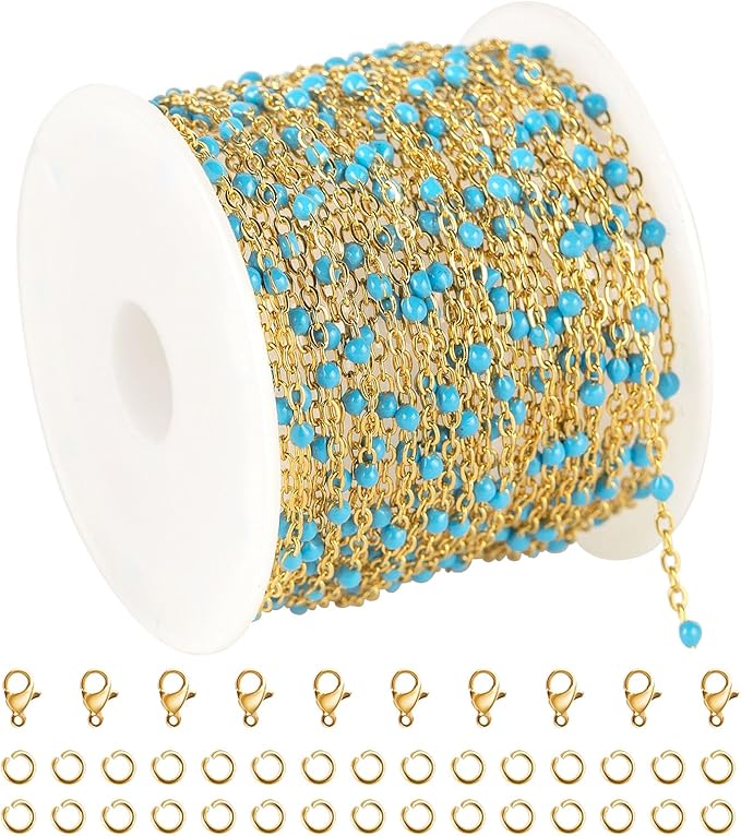 KYUNHOO Light Blue Beaded Chain Spool Gold Plated Jewelry Making Chain Necklace with Lobster Clasps and Jump Rings for Jewelry Crafts DIY Making Finding Supplies
