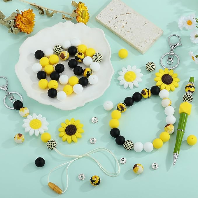 45 Pcs 15mm Silicone Beads Sunflower Focal Beads for Pens Printed Silicone Beads Bulk for Keychain Bracelets Making and Other Handmade Crafts(Chrysanthemum)