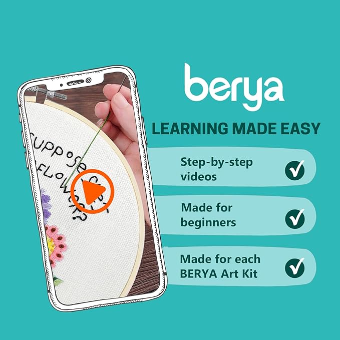 BERYA Flowers Embroidery Kit Including Video Step by Step Instructions,Embroidery Hoop,Color Threads and Embroidery Scissors for Beginners-Handmade Needlepoint Kits for Adults