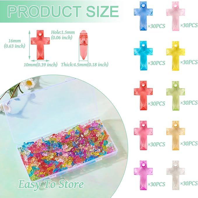 FASHEWELRY 300pcs Clear Acrylic Cross Beads Candy Color Cross Loose Beads Transparent Crosses Spacer Beads Easter Crucifix Loose Beads for Jewelry Making