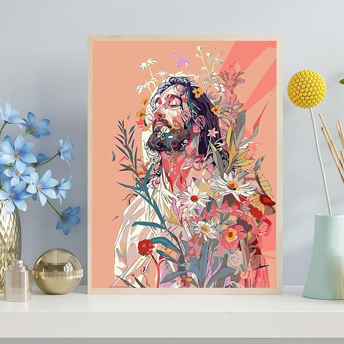CHWGLFGG Paint by Numbers Kit for Adults Beginner, Jesus and Flowers Adult Paint by Number Kits on Canvas, DIY Acrylic Oil Easy Painting by Numbers for Home Wall Decor 16X20 inch (Without Frame)