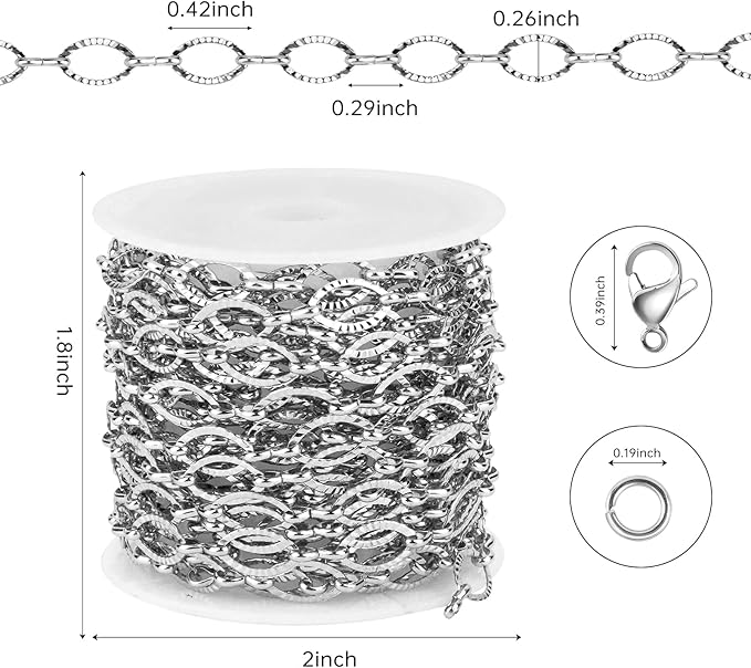 Kyutong Texture Oval Circle Chains for Jewelry Making 16.4 Feet Stainless Steel Silver Chain with Jewelry Supplies for Men Women DIY Necklace Crafts